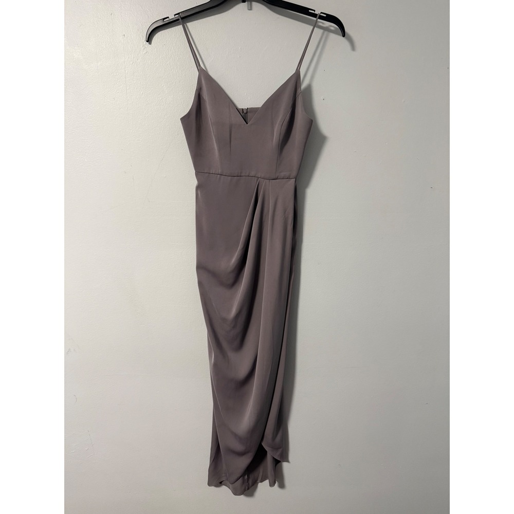 Shona Joy Core Cocktail Dress gray taupe V-Neck Draped Tulip Midi Size 2
